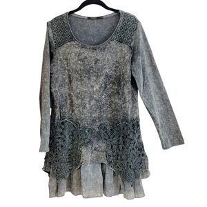 Radzoli Cotton Boho Peasant Tunic Top L Crochet Floral Lace Layered Gray
